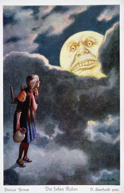 The moon threatens to eat the young girl attempting to rescue her brothers, illustration from The Seven Ravens by the Grimm Brothers by Oskar Herrfurth